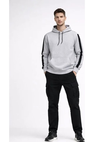 Butik İstanbul Erkek Şeritli Kapüşonlu Sweatshirt Oversize 3 Iplik Pamuklu - Beyaz