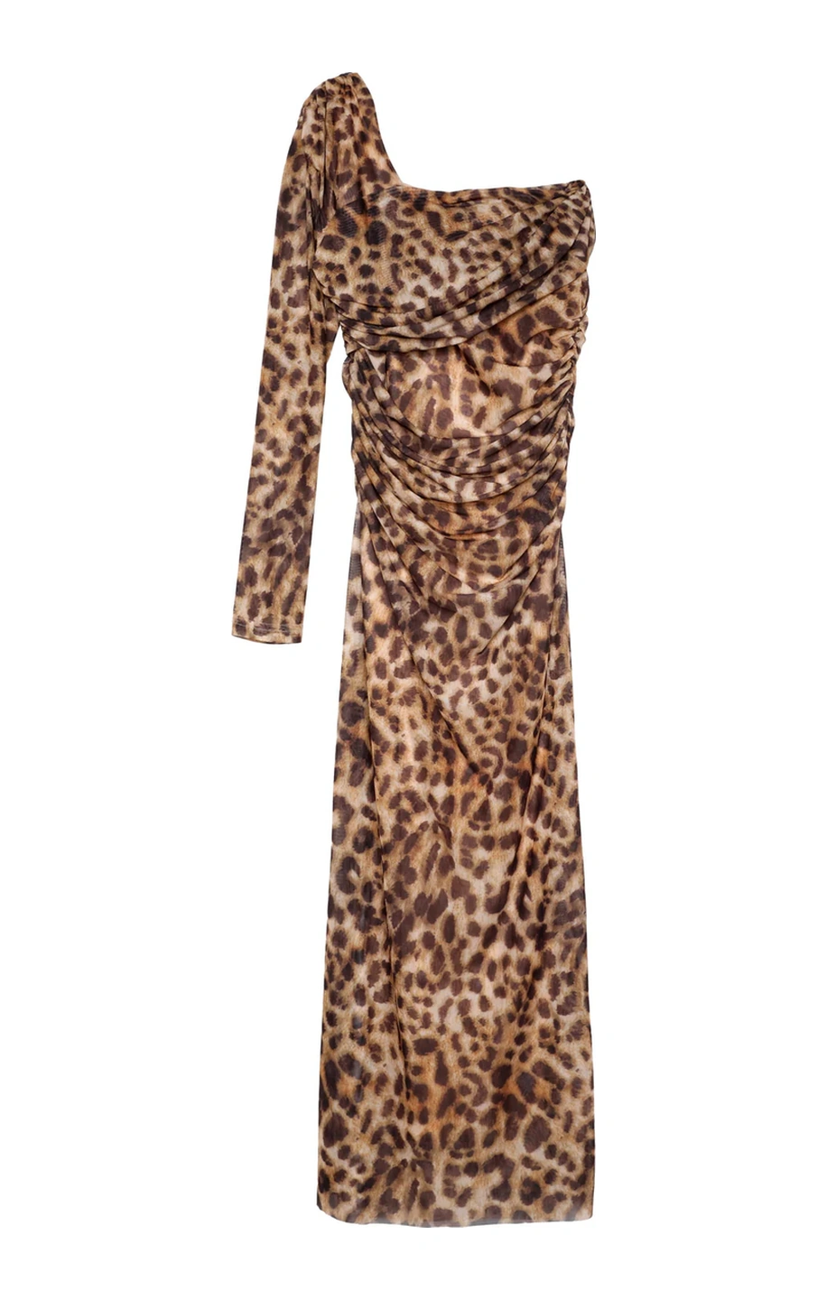 Olla Collection Leopar Desenli Drape Detaylı Tül Midi Elbise Kahverengi Kahverengi