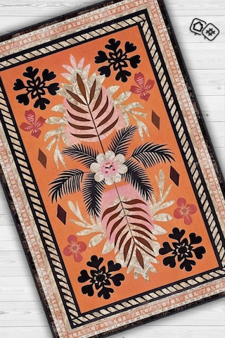 Homshtag Art Deco Bitki Temalı Turuncu Siyah Etnik Desenli Halı Dijital Baskı Rustik Çiçekli Halı Çok Renkli