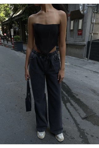 Valensdesign Arkadan Yırtmaçlı Jeans Kot Palazzo Pantolon - Siyah