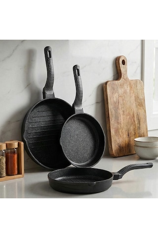 Oms 3738 Biogranit Döküm Grill Ergonomik Saplı 3 Parça Tava Seti Siyah 20-24-28cm Siyah