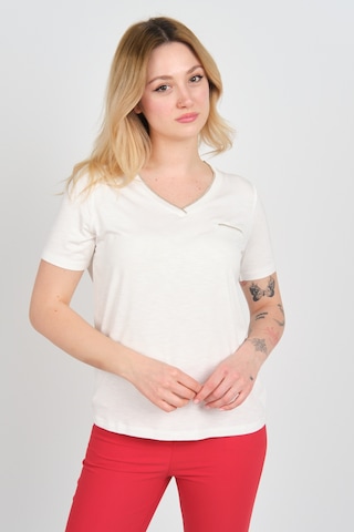 Ella Camelia Kadın Simli Süs Cepli V Yaka Kısa Kollu Bluz 24e038 Ekru Ekru