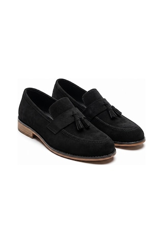 Rayvora Erkek Süet Deri Püsküllü Termo Taban Garson Boy Klasik Ayakkabı Kundura Loafer Casual Siyah Süet