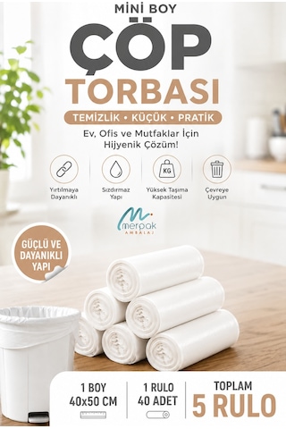 Çöp Torbası Mini Boy 40'lı X 5 Rulo Beyaz Çöp Poşeti 40x50 Cm