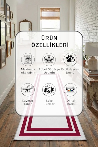 Çerçeve Beyaz Mürdüm Dijital Baskılı Kaymaz Yıkanabilir Yolluk