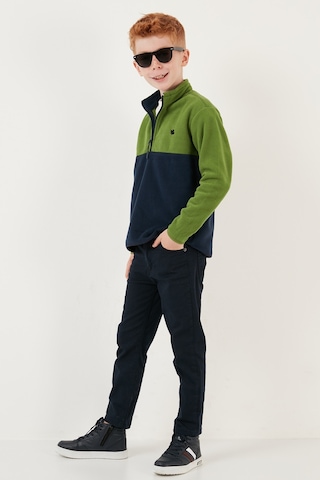 Lela Yumuşak Dokulu Yarım Fermuarlı Renk Bloklu Dik Yaka Unisex Çocuk Polar 5905004 Yeşil-Lacivert