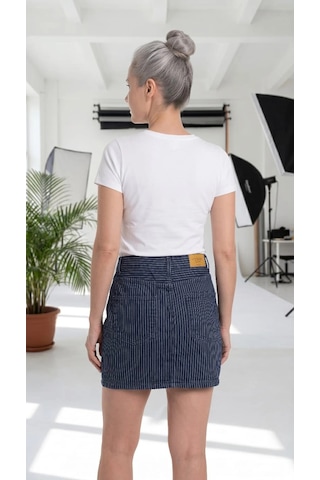 Byemelika Rahat Kalıp Çizgili Denim Mini Etek Çizgili Lacivert