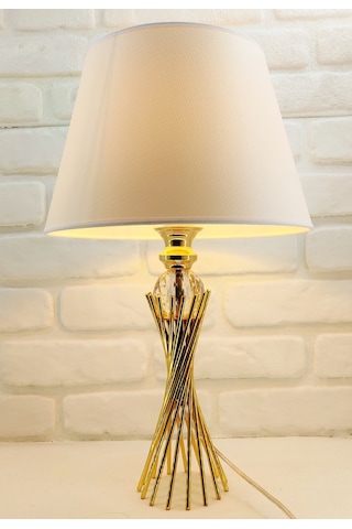 Gold Kaplama Burgu Metal Ayaklı Kristal Cam Toplu Beyaz Abajur Altın