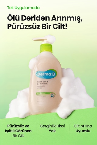 Kuru Ciltler İçin Peeling Etkisi Sunan Tanecikli Nemlendirici Duş Jeli Derma:b Fresh Scrub Body Wash