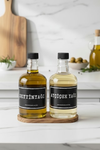 Ava Ahşap Stantlı 2'li Cam Yağdanlık Seti Ayçiçek Yağı Ve Zeytin Yağı Şişesi 500 Ml Şeffaf
