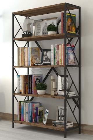Morpanya Aural Dekoratif 5 Raf Kitaplık Metal Kitaplık Dosya Kitap Raf Ofis Salon Raf 90x180cm Ceviz