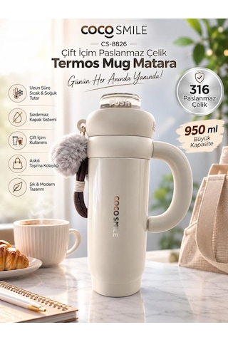 Cocosmile Cs-8826 Krem 950 Ml Çift İçim Paslanmaz Çelik Termos Mug