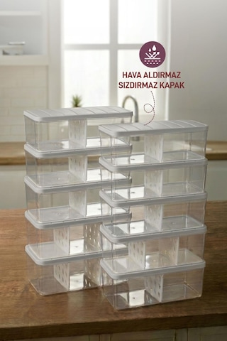 10 Adet 2 Lt. Nora Bölmeli Organizer Buzdolabı Buzluk Düzenleyici Saklama Kabı Açık Gri