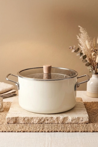 Titan Cook Ahşap Kulplu,paslanmaz Saplı Krem Süzgeçli Emaye Kızartma Tenceresi 22 Cm Krem