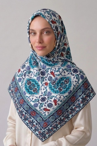 İpekçe Eşarp İp Rayon 100 100 Desenli - Mavi Mavi - Çok Renkli