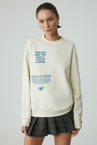 Ethıquet Modelıta Kadın Regular Baskılı Yuvarlak Yaka Ekru Sweatshirt