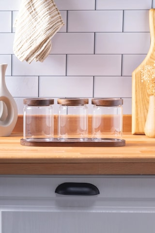 Finehome Pienza Akasya Kapaklı Cam Saklama Kabı Seti 3'Lü 550 ML Şeffaf