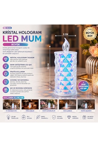Yakut-13637 Led Candle Kamp Pilli Led Mum Büyük Boy - Çap 5 Cm Yükseklik 16 Cm Mika Kristal Plastik- 12'li Paket Diğer