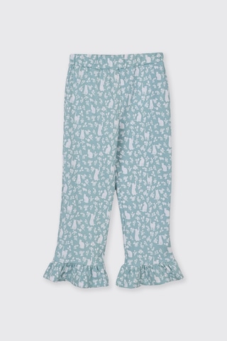 Panço Kız Çocuk Kolları Fırfır Detaylı Kedi Desenli Beli Lastikli Mavi Pijama Takımı