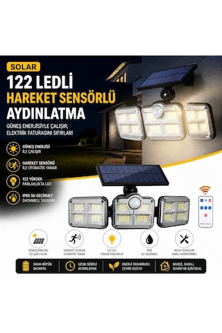 3& Apos Lü 122 Ledli Güneş Enerjili Hareket Sensörlü Aydınlatma, Dış Mekan Duvar Ve Bahçe Lambası Solar Le