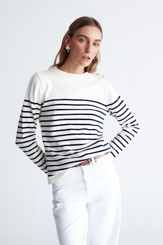 Styleboom X Peraluna Audrey Pullover Omzu Düğmeli Çizgili Organik Pamuk Mevsimlik Kadın Triko Kazak Ekru/lacivert-ekru Ekru