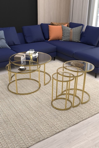 Belarus Orta Sehpa Gold 60cm & Alya Gold Zigon Sehpa Şeffaf Cam