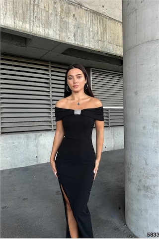 Lior Design Kadın Zarif Halter Yaka Taş Detaylı Abiye Elbise Siyah
