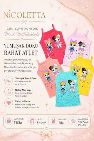 Nicoletta Kız Çocuk Atlet İp Askılı Baskılı Pamuklu Likral 178348 Pembe