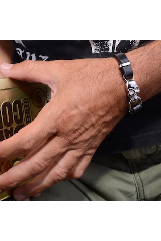 Çelik Deri Bileklik - Skull Çelik