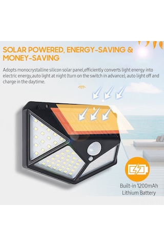 Vkemall Led Güneş Enerjili Duvar Lambası, Hareket Sensörlü, 100 Led, Ip44 Su Geçirmez, Bahçe/ev Terası Için, Siyah, Tekli Paket Dahili Li-pil