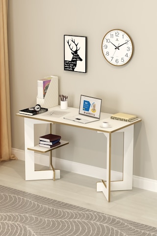 Asra Trend Raflı Modern Çalışma Masası ÇM-02 %100 MDF Bilgisayar Ofis Ders Masası Beyaz