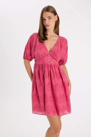DeFacto Babydoll Vual Kısa Kollu Brode Mini Abiye Elbise D4402AX24HSPN184