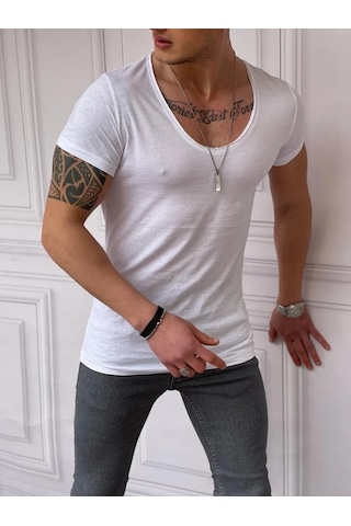 Modefendi Slim Fit Derin Açık Yaka Pamuklu Tshırt Beyaz
