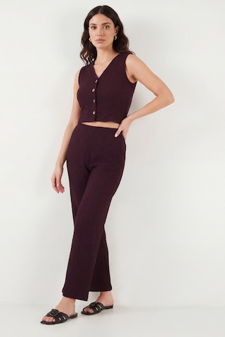 Lela Regular Fit V Yaka Yelek-pantolon Gofre Takım Bayan Takım 5866484 Bordo