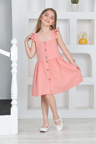 Kız Çocuk %100 Pamuk Keten Elbise 12197 Pudra