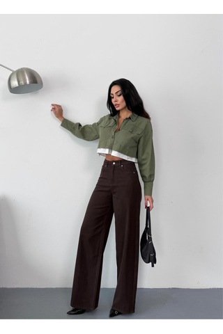 Kadın Kahverengi Baggy Jean Yüksek Bel Geniş Paça Kot Pantolon Kahverengi+baggy