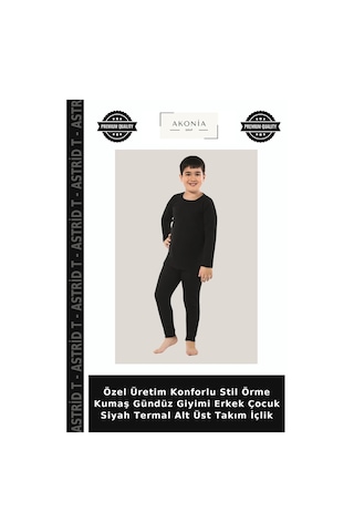 Astrid T Özel Üretim Konforlu Stil Örme Kumaş Gündüz Giyimi Erkek Çocuk Siyah Termal Alt Üst Takım İçlik