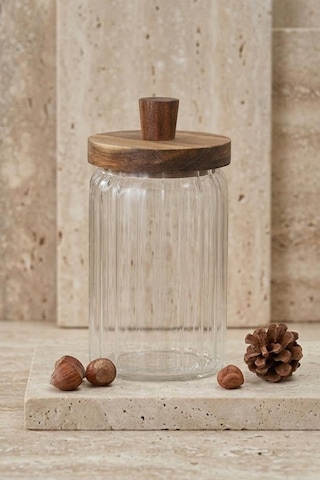 Atbyhome Ahşap Kapaklı Borosilikat Cam Saklama Kabı 700 Ml - Oluklu Cam Kavanoz