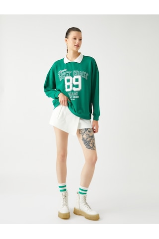 Koton Oversize Sweatshirt Polo Yaka Kolej Baskılı Uzun Kollu Yeşil 4wal10049ık Yeşil