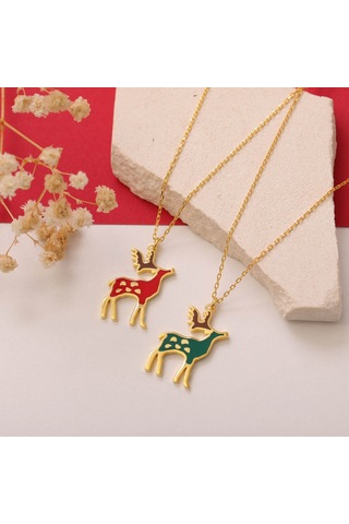 925 Ayar Gümüş Mineli Yılbaşı Geyik Figürü Kolye Gold