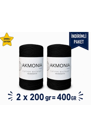 Akmonia Premium Makrome İpi Zincir İp 200gr X 2 Toplam 400gr-ekru Çanta İpi Supla İpi Dekor İpi Örgü İp Siyah