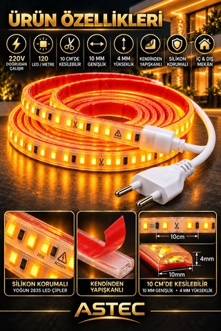 Astec Yapışkanlı 20 Metre Amber 220v Silikonlu Şerit Led Yüksek Güç Tak Çalıştır İç Dış Mekân Su Geçirmez