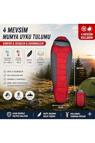 4 Mevsim Mumya Tip Uyku Tulumu -10 C Konforlu Kamp Uyku Tulumu Yıkanabilir Kırmızı