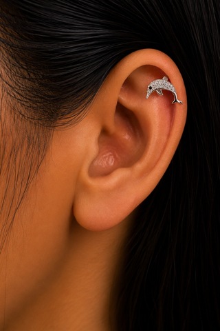 Sertifikalı 316l Çelik Taşlı Yunus Figürlü Premium Gümüş Renk Tragus Ve Helix Piercing