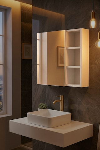 Aynalı, Açık Raflı, Bas-aç Kapaklı Banyo Dolabı 5980 Beyaz