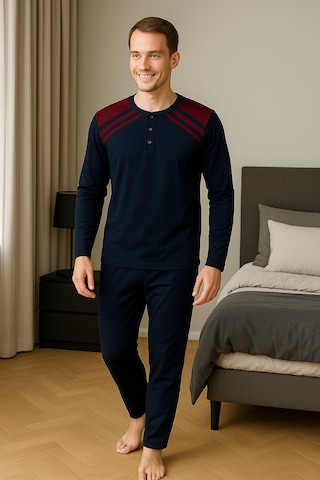 Mutlu City Erkek İnterlok Rahat Kalıp Sıfır Yaka Pamuk Pijama Takımı 6772 Lacivert - Bordo