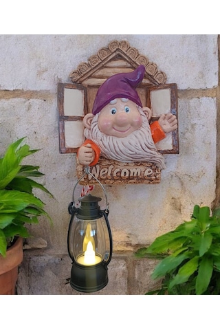 1 Adet Dekoratif Duvar Ve Bahçe Süsü Fenerli Sevimli Cüce Mor