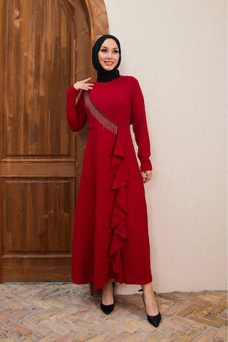 Neşeli Butik Kadın Zincir Detaylı İthal Kumaş Tesettür Elbise Sms029 Bordo