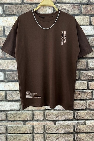 Erkek Belive İn Yourself Baskılı Oversize Tshirt Kahverengi