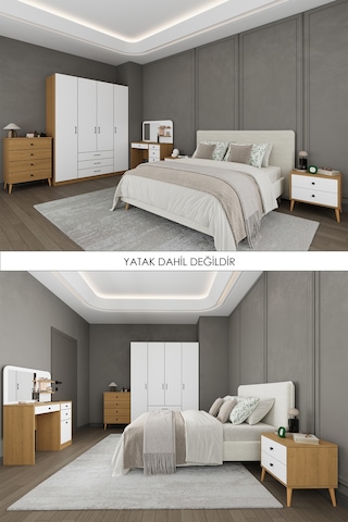 Yatak Odası Takımı 5 Parça %100 Mdf Gardırop Şifonyer Makyaj Masası Komodin Ytk03 Beyaz - Karına